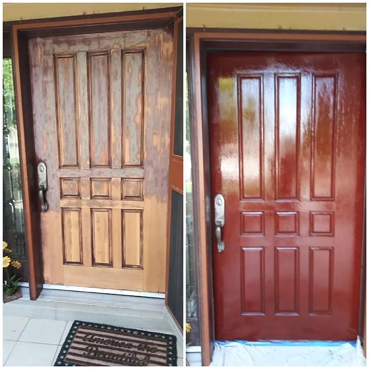 Front door before and after: weathered bare wood, then refinished in glossy deep red